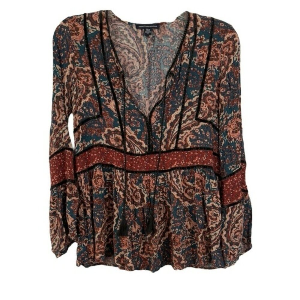 American Eagle Paisley Long Bell Sleeve Velvet Trim‎ Blouse Multicolor Size XS